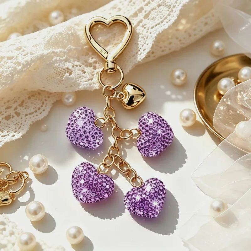 Gold heart-shaped rhinestone keychain and bag charm resting on white lace fabric with pearl accents.