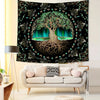 A dark tapestry featuring a silhouette of a tree with glowing green leaves and roots against a cosmic galaxy background.