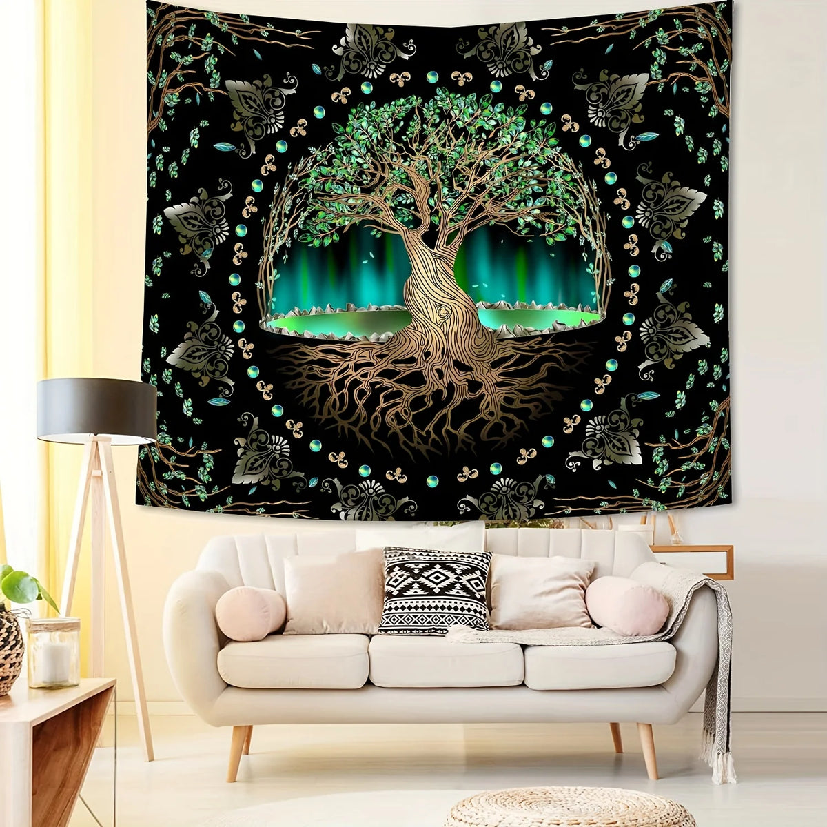 A dark tapestry featuring a silhouette of a tree with glowing green leaves and roots against a cosmic galaxy background.