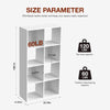 White wooden storage organizer bookcase with six open shelves and size parameters shown.
