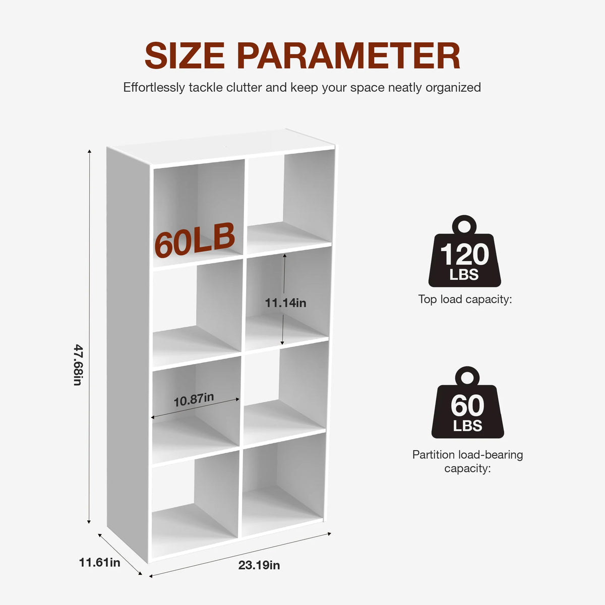 White wooden storage organizer bookcase with six open shelves and size parameters shown.