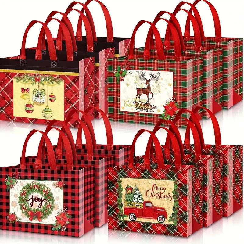 Red and green plaid gift bags with handles decorated for Christmas holiday wrapping