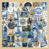A collection of vintage blue and gold nautical stickers featuring ships, anchors, lighthouses, and sea motifs.