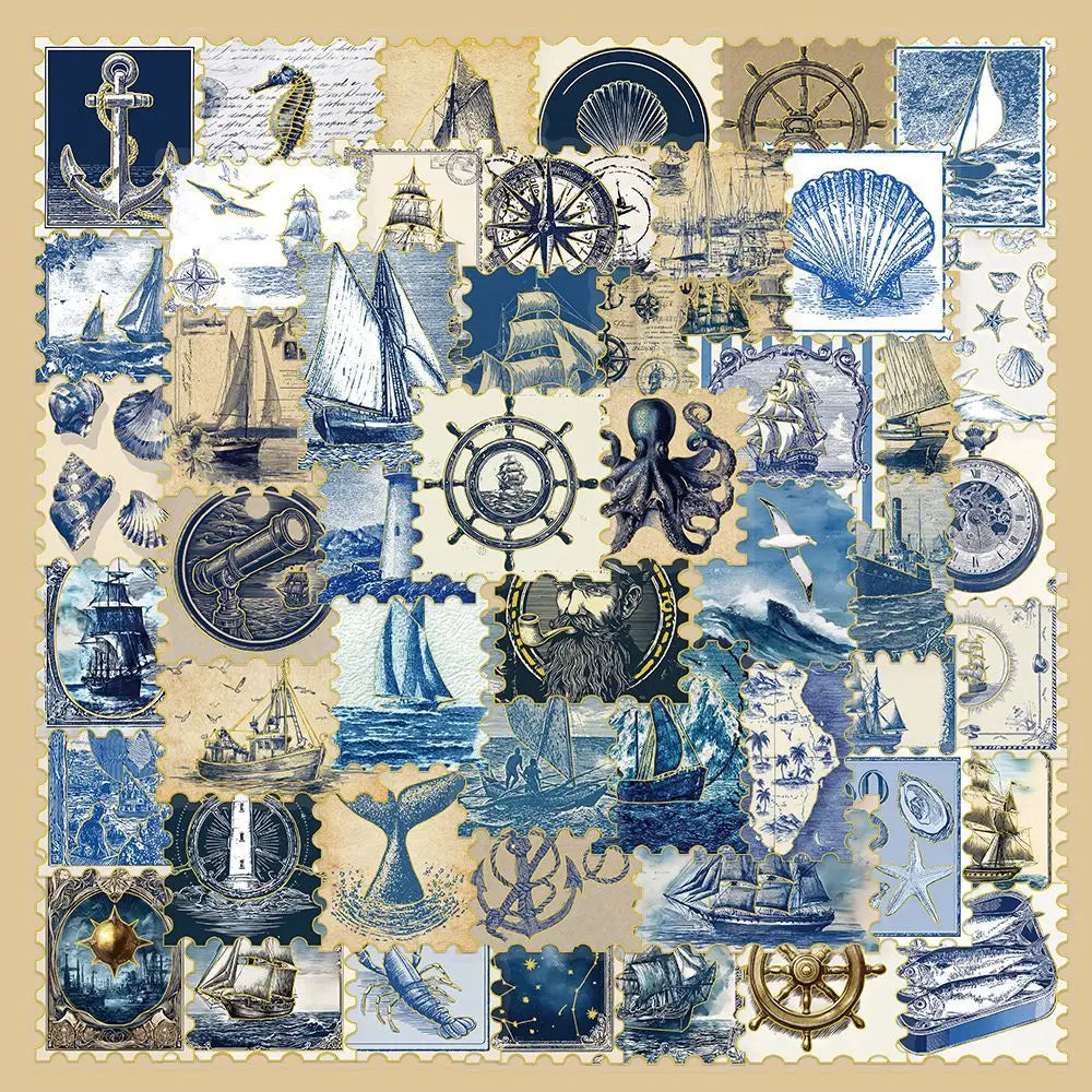 A collection of vintage blue and gold nautical stickers featuring ships, anchors, lighthouses, and sea motifs.