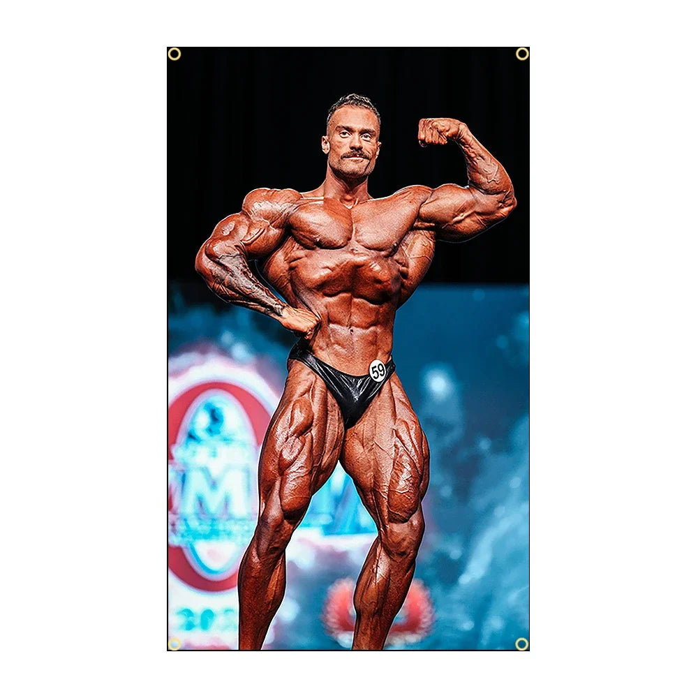 A muscular male bodybuilder posing intensely with his arms flexed, shown in a sports banner context.
