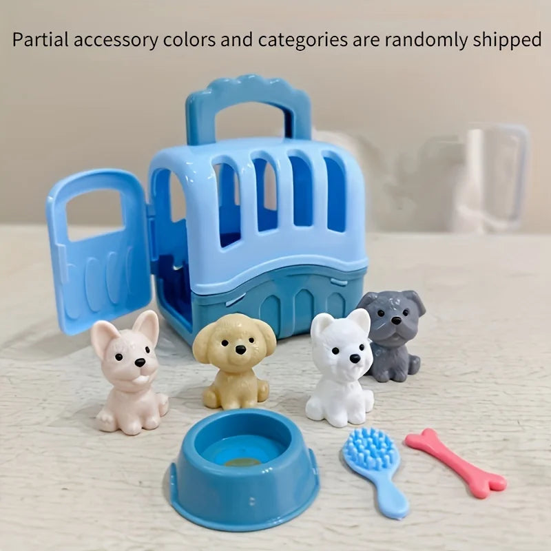 A collection of blue and gray pet toys including a basket, dog figures, and a brush.