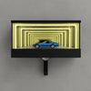 A black display holder featuring a luminous yellow LED tunnel effect design.
