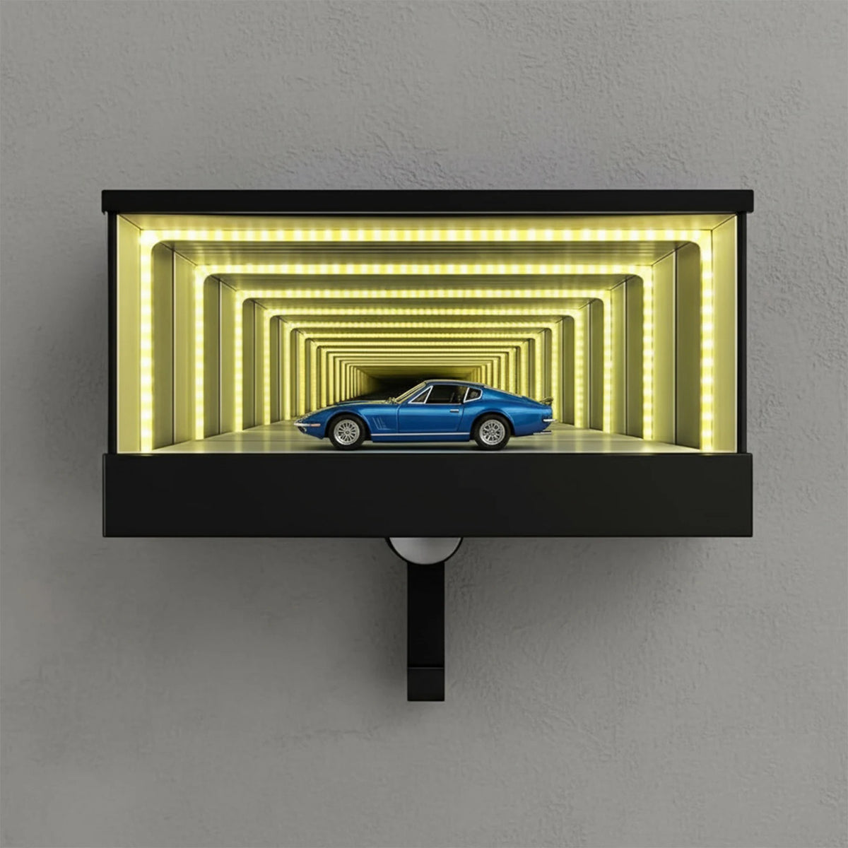 A black display holder featuring a luminous yellow LED tunnel effect design.