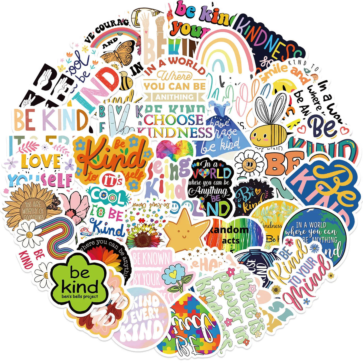 An inspirational motivational sticker pack featuring various words and designs like Be Kind Your Kindness and Be Kind in a Wo