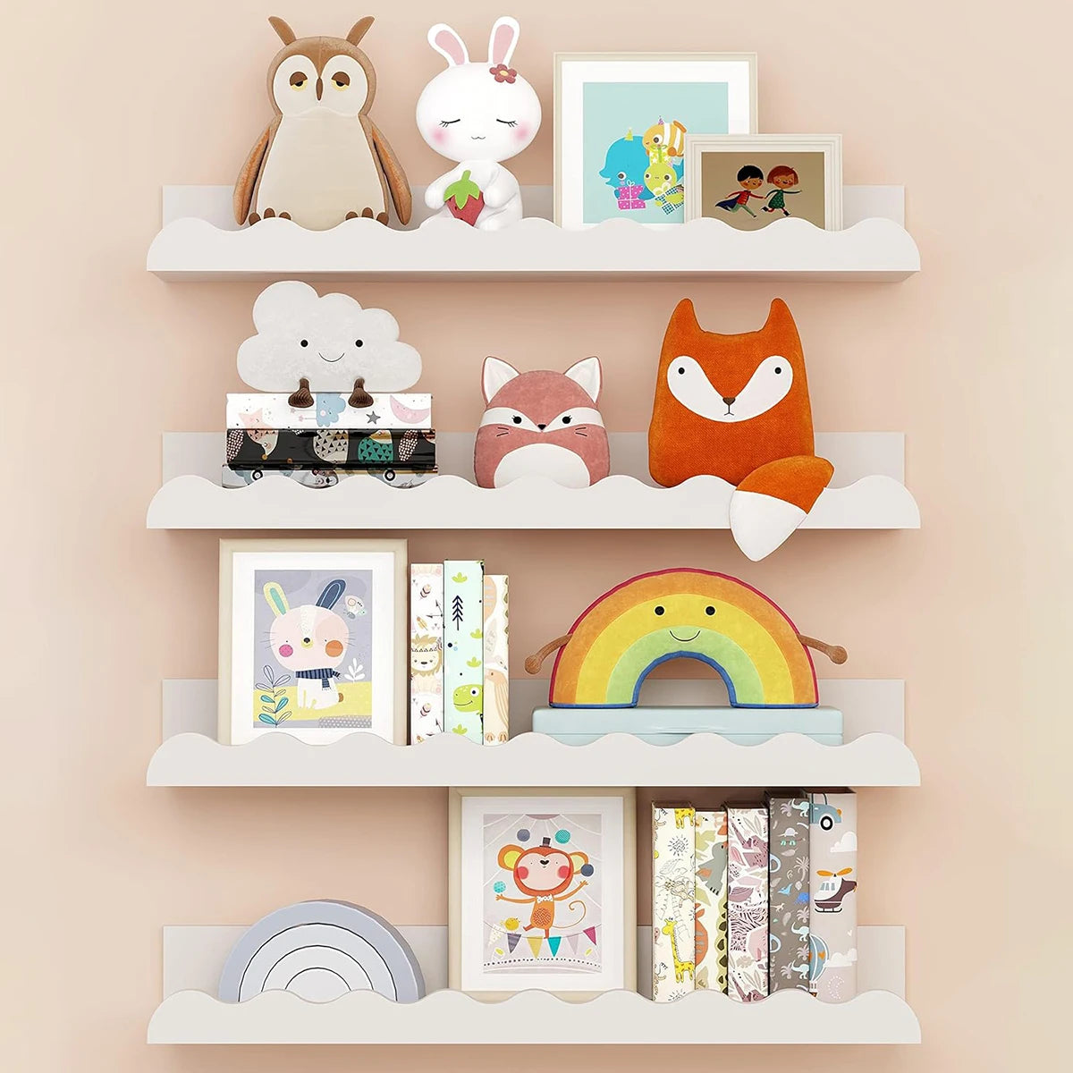 A set of two white wooden floating shelves displaying various stuffed animal toys and framed pictures.