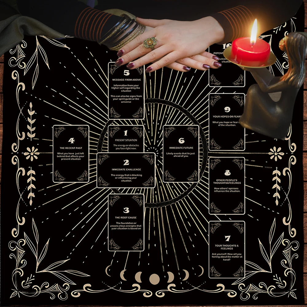 A dark cloth featuring a Celtic cross design with numbered sections for tarot and divination tools.