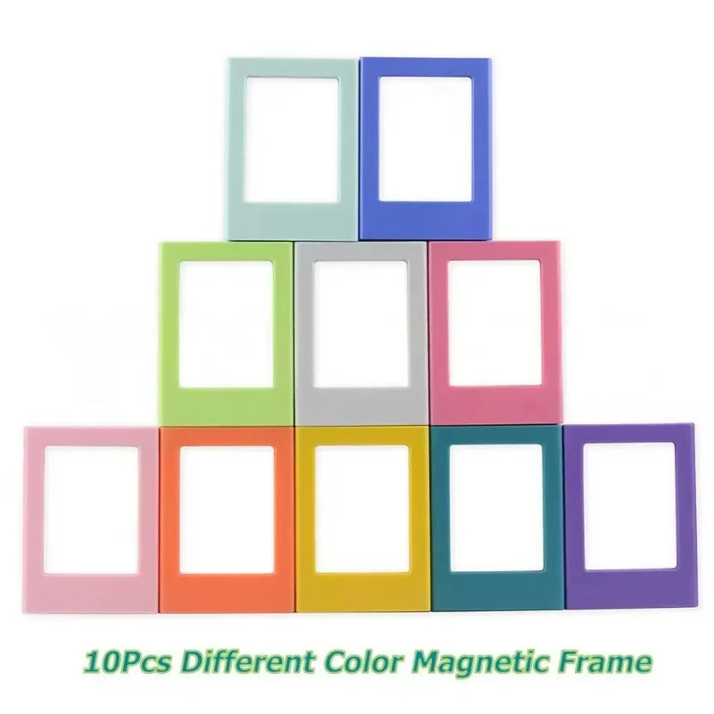 A stack of ten different colored magnetic photo frames for pictures