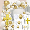 A white and gold balloon garland arch kit featuring various sized balloons for a first communion decoration.