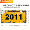 A yellow metal sign with the year 2011 painted on it, showing its dimensions.