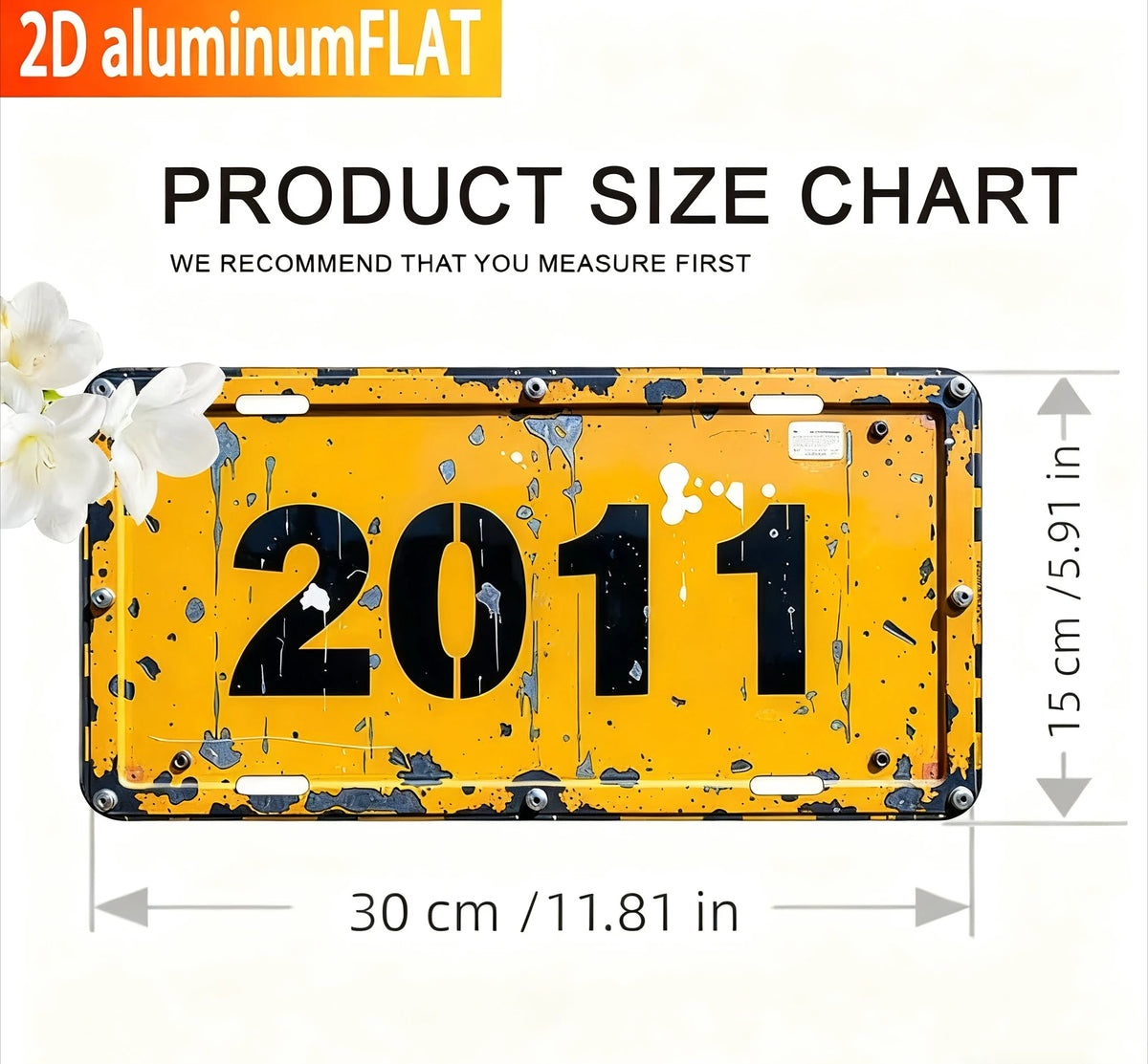 A yellow metal sign with the year 2011 painted on it, showing its dimensions.
