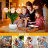 A family of three is shown interacting with an LED tulip night light featuring a ceramic pot.