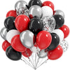 A bunch of red, silver, and black confetti balloons tied together.