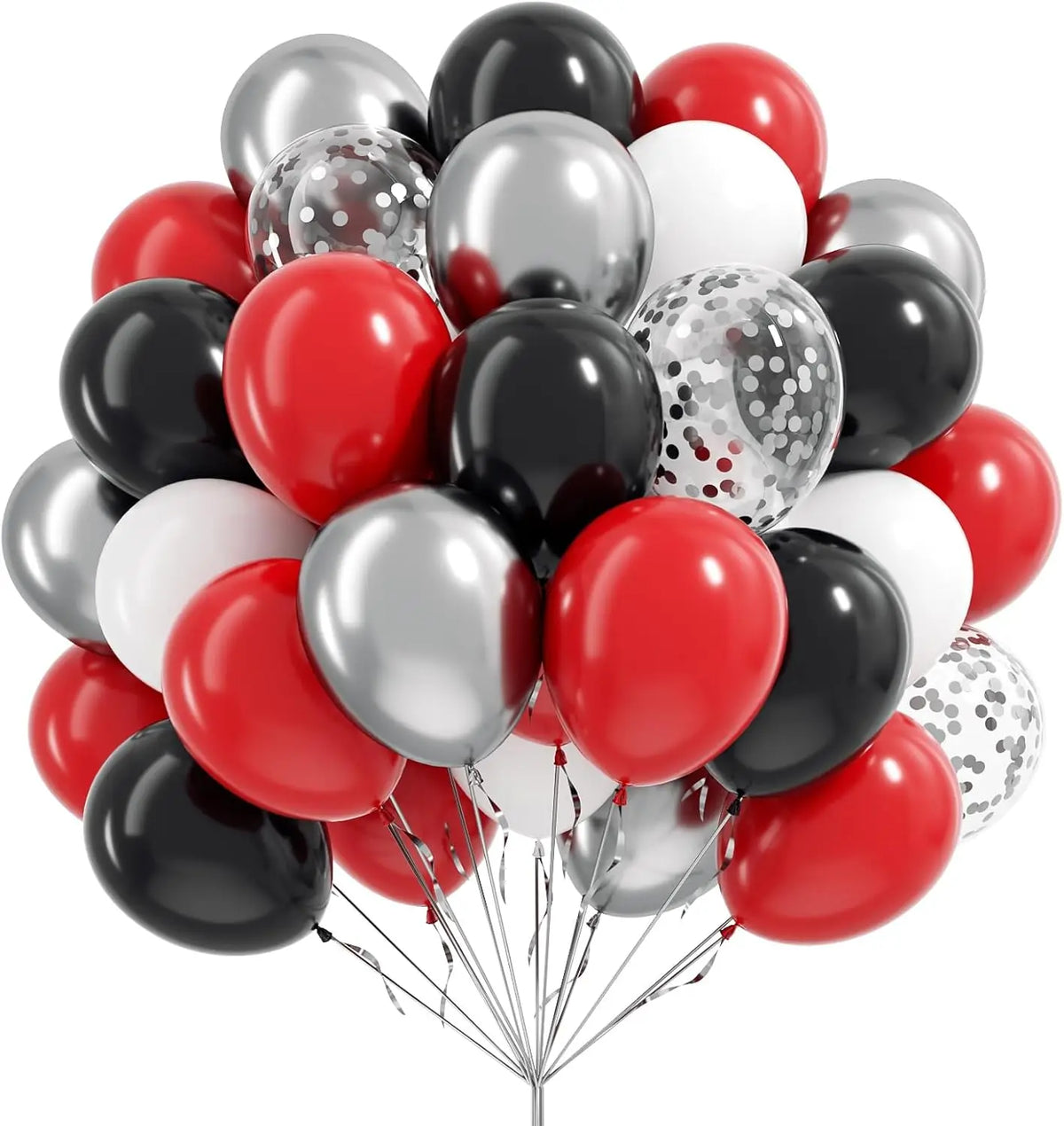 A bunch of red, silver, and black confetti balloons tied together.