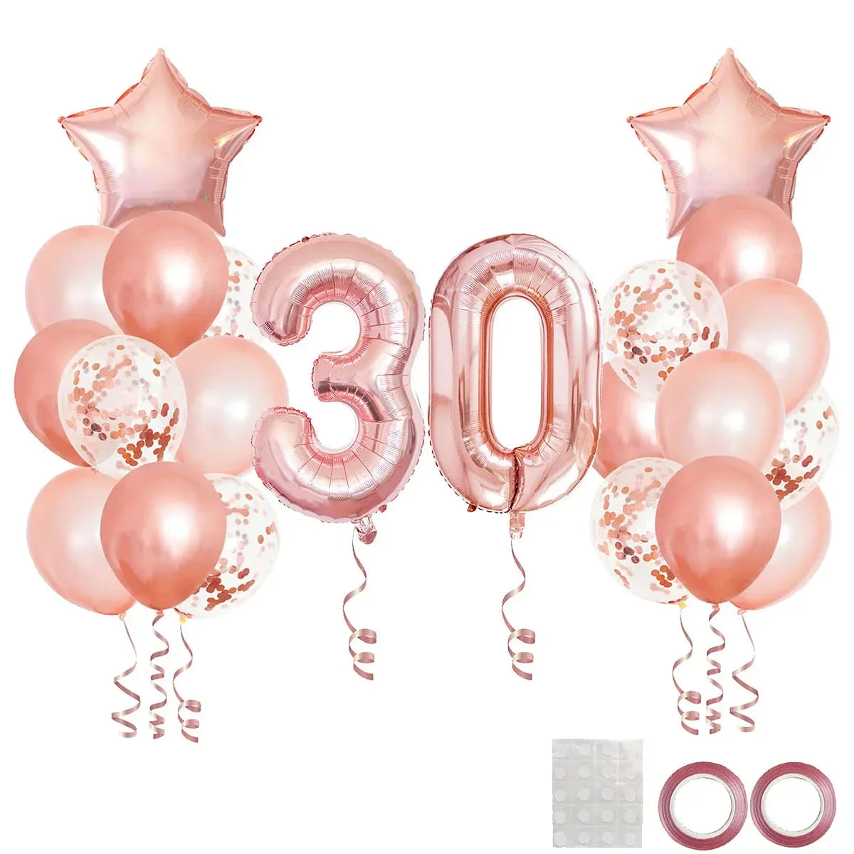 A collection of rose gold foil balloons including a number 30 and star shapes for birthday party decor
