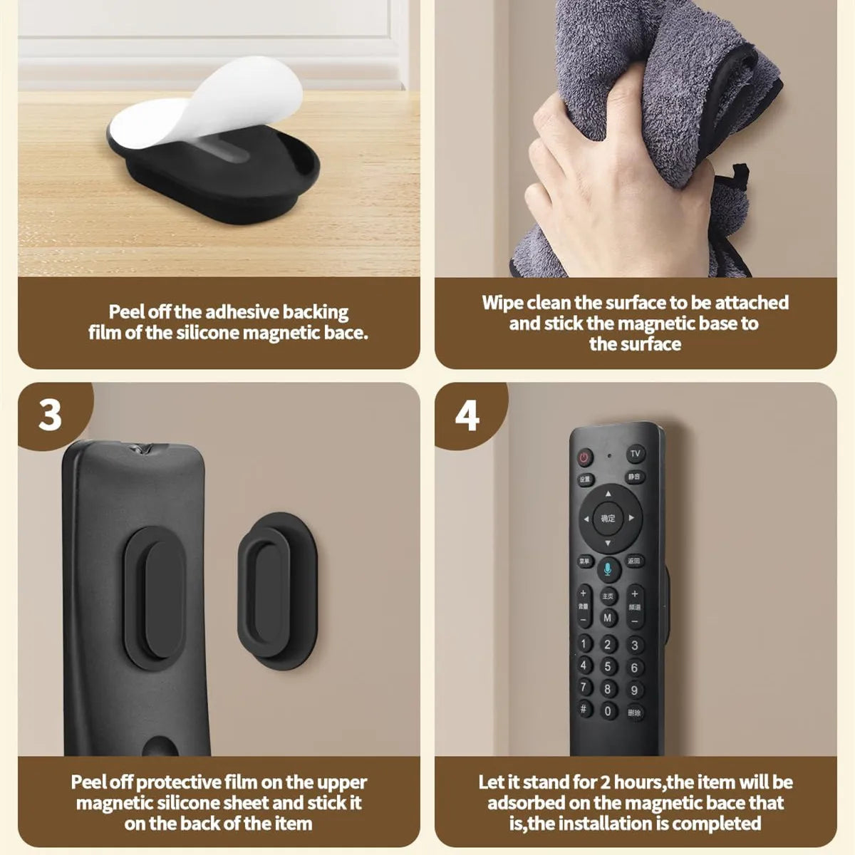 Instructions showing how to peel the backing film and attach a silicone magnetic base to a surface.
