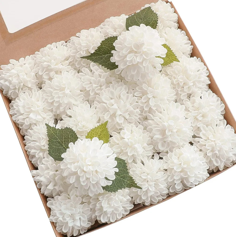 A box filled with white lifelike foam roses for wedding and home décor