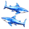 A blue foil balloon shaped like a shark swimming, used for ocean-themed party decorations.