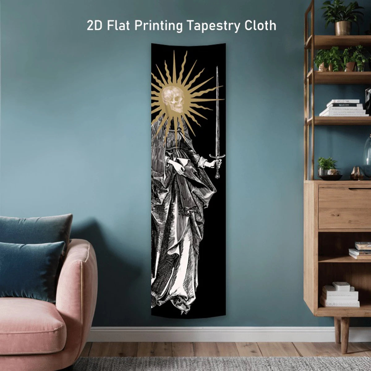 A vertical black tapestry featuring a skull and sword design hanging on a gray wall.