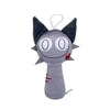 A gray plush toy shaped like a cat head with pointed ears and a pink heart detail.