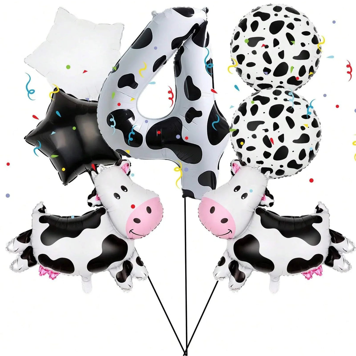 A set of cow print number balloons including a large letter 'O' and several spherical balloons.