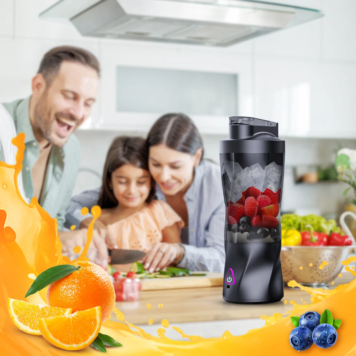 A black portable blender is shown on a kitchen counter with fresh fruit and orange slices.