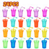 A collection of 24 neon reusable sipper cups in various colors including pink, purple, orange, green, and blue.
