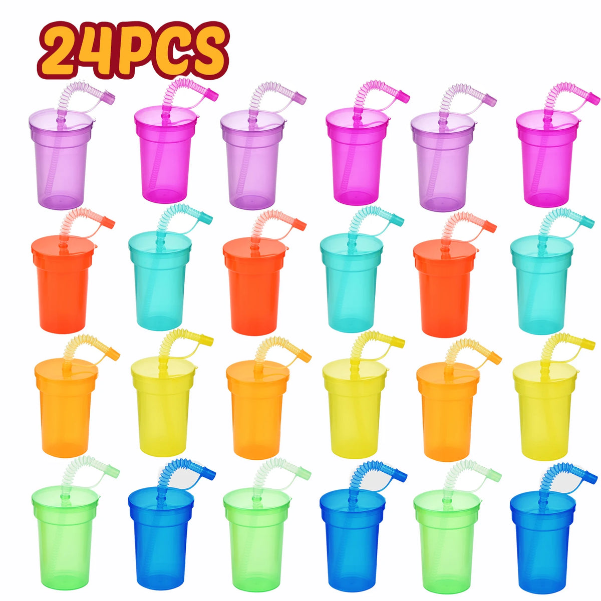 A collection of 24 neon reusable sipper cups in various colors including pink, purple, orange, green, and blue.