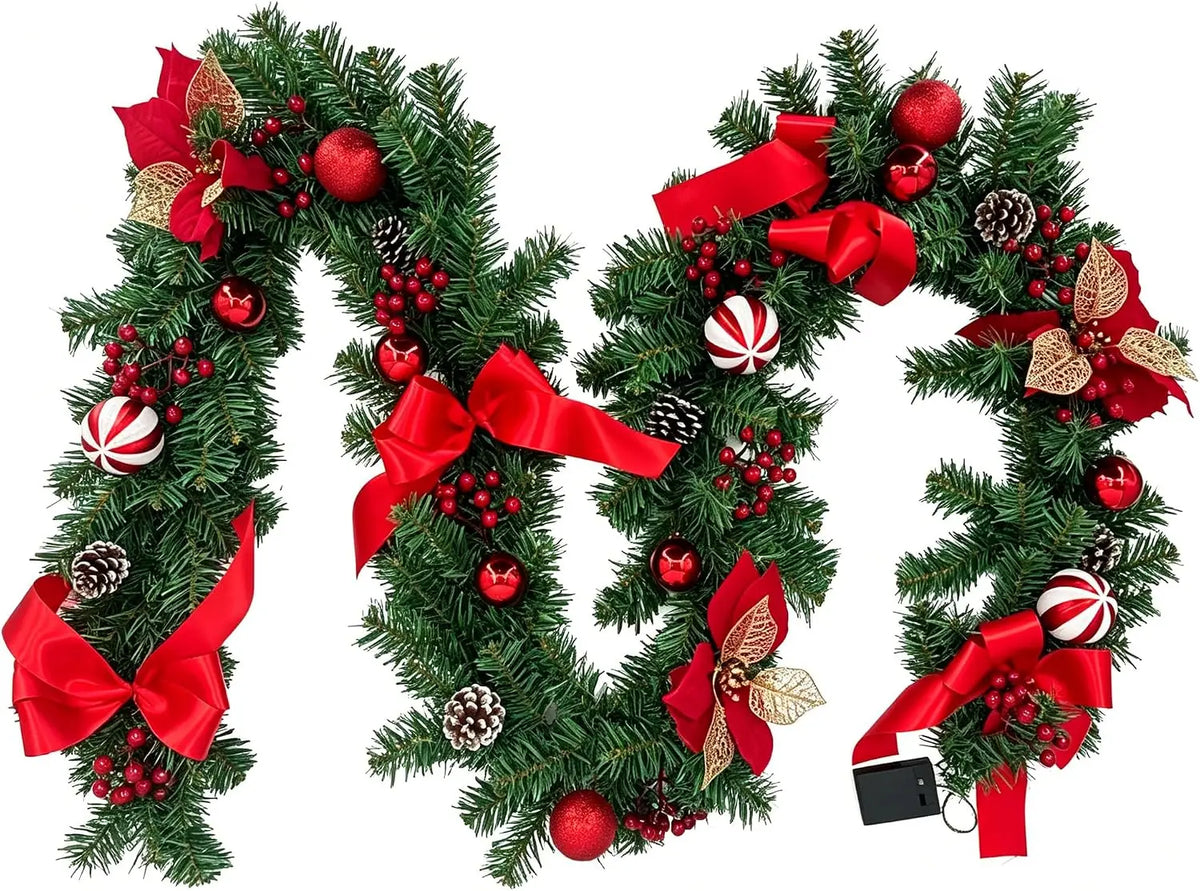 Green Christmas garland with red bows and ornaments featuring 40 LED lights and a timer