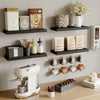 A modern wooden floating wall shelf organizer displaying various kitchen and storage items.