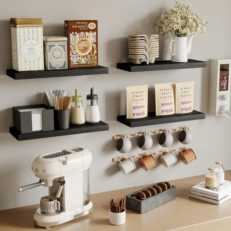 A modern wooden floating wall shelf organizer displaying various kitchen and storage items.