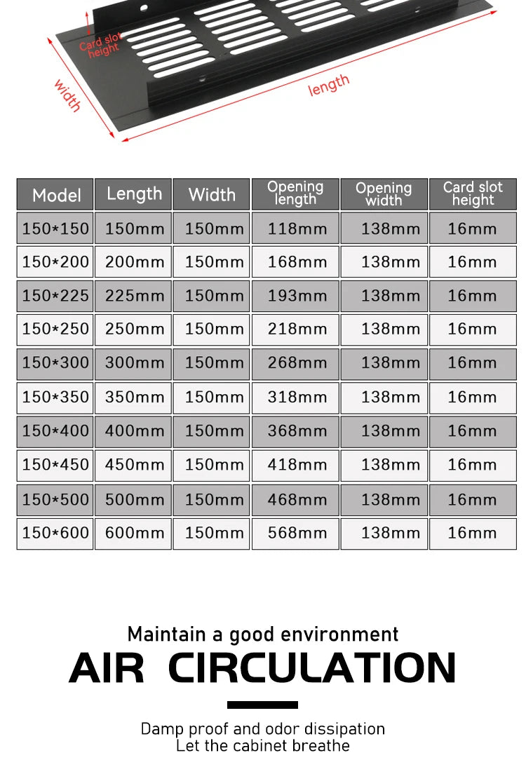 Aluminum alloy rectangular ventilation grille for cabinets showing various lengths and widths.