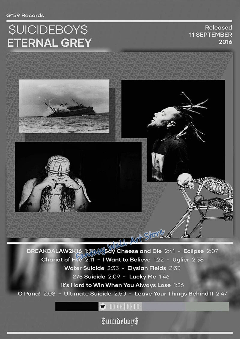Album cover art for Suicideboy titled Eternal Grey featuring various black and white photographs of a person and a ship