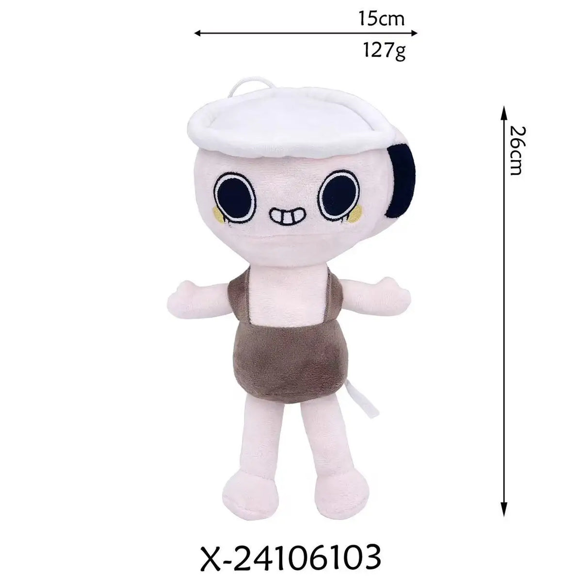 A white Goob Boxten plush toy with black accents and a brown skirt.