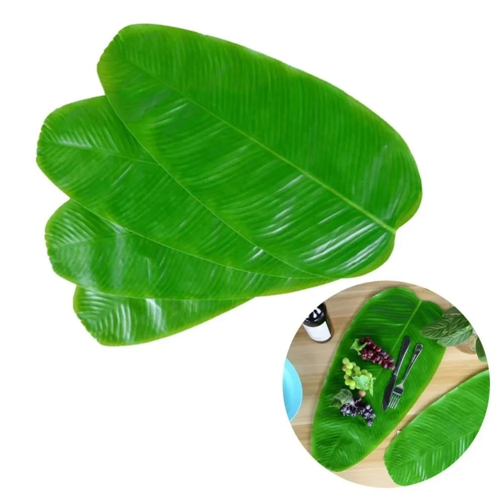 A set of five green tropical banana leaf coasters used as heat-resistant, waterproof table protectors.