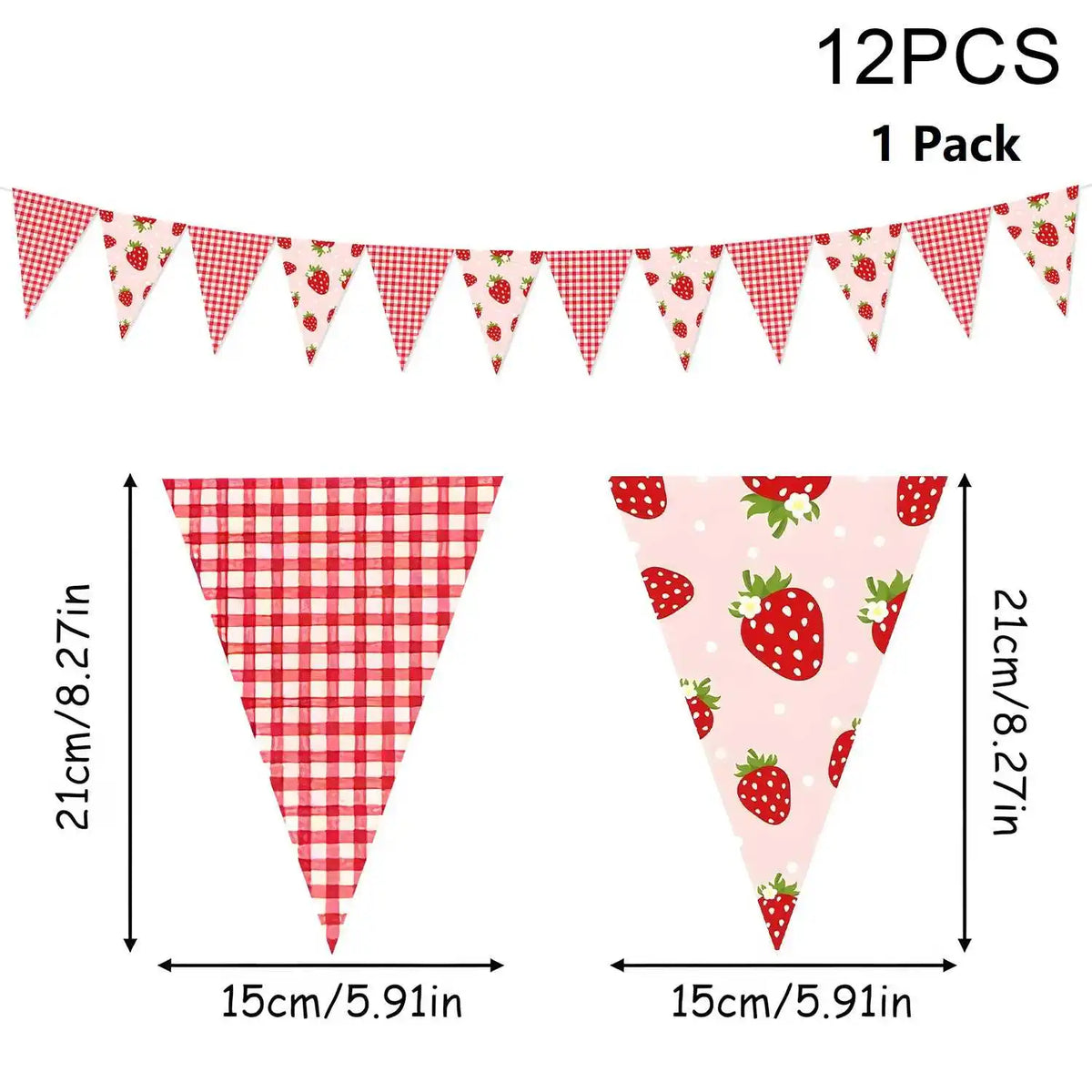 12 pieces of red and pink strawberry themed pennant flags for a birthday party decoration set