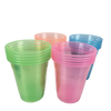 A collection of plastic party cups in assorted neon colors, including green, pink, and blue.