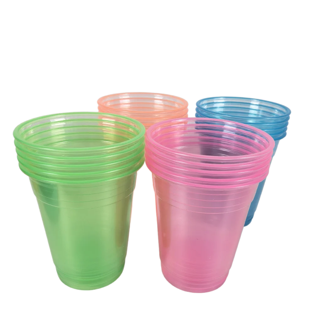 A collection of plastic party cups in assorted neon colors, including green, pink, and blue.