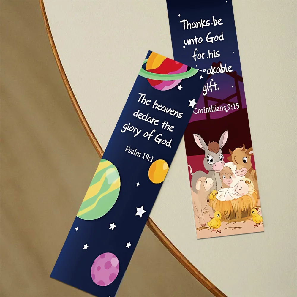 A set of three inspirational Bible verse bookmarks featuring scripture and religious imagery on dark blue cardstock.