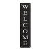 A vertical black metal sign with the word WELCOME spelled out in white block letters.