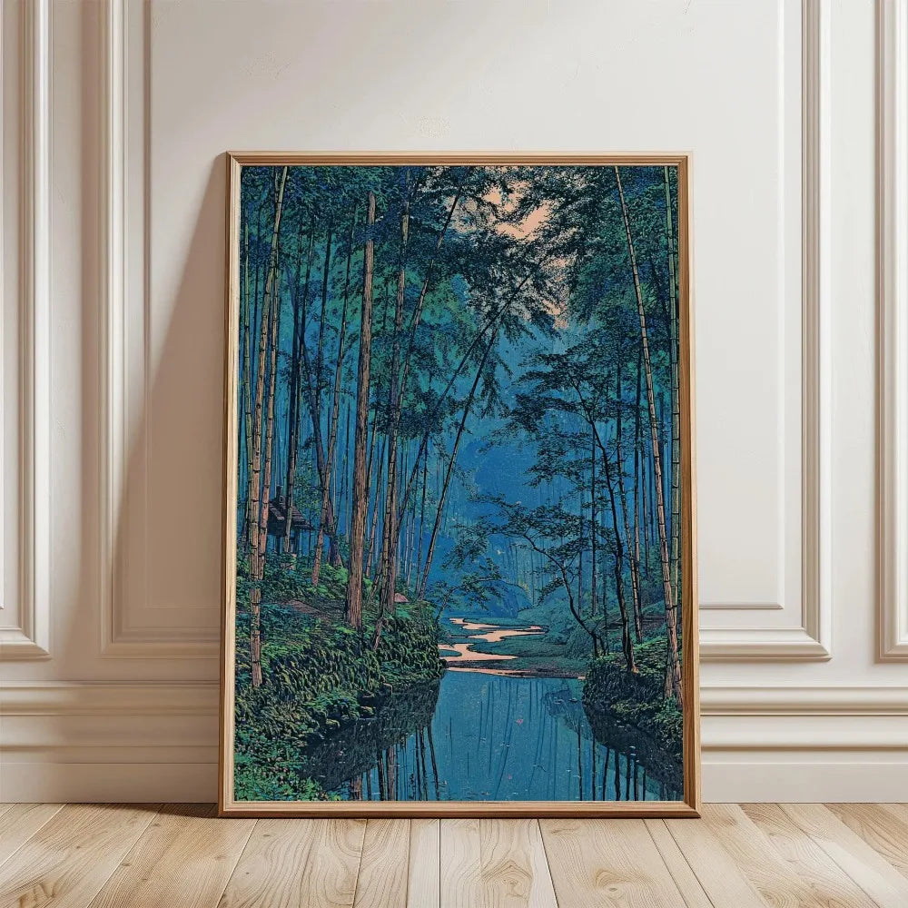 A vertical canvas print depicting a dense forest with tall trees and reflections in blue water.