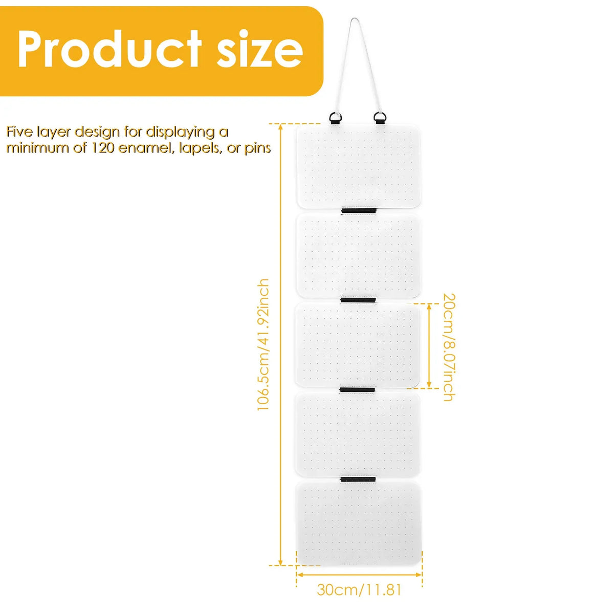 A white hanging display panel with five layers for showcasing enamel, lapels, or pins.