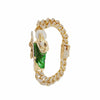 Gold Cuban link bracelet featuring a religious figure of St. Jude with a halo and green drapery.