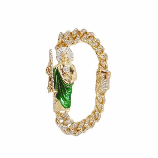 Gold Cuban link bracelet featuring a religious figure of St. Jude with a halo and green drapery.
