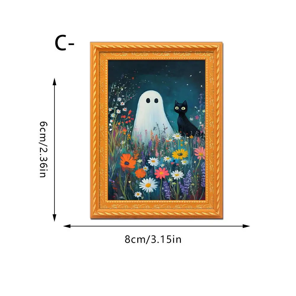 A framed painting featuring a white ghost and a black cat against a dark, floral background.