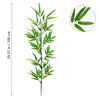 A vertical branch of artificial bamboo with green leaves shown next to a magnified view of the leaves.